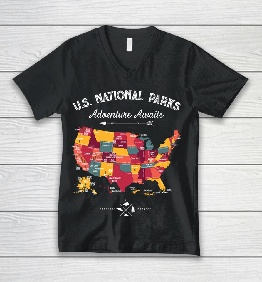 62 National Parks Map Gifts Us Park Vintage Camping Hiking Unisex V-Neck T-Shirt