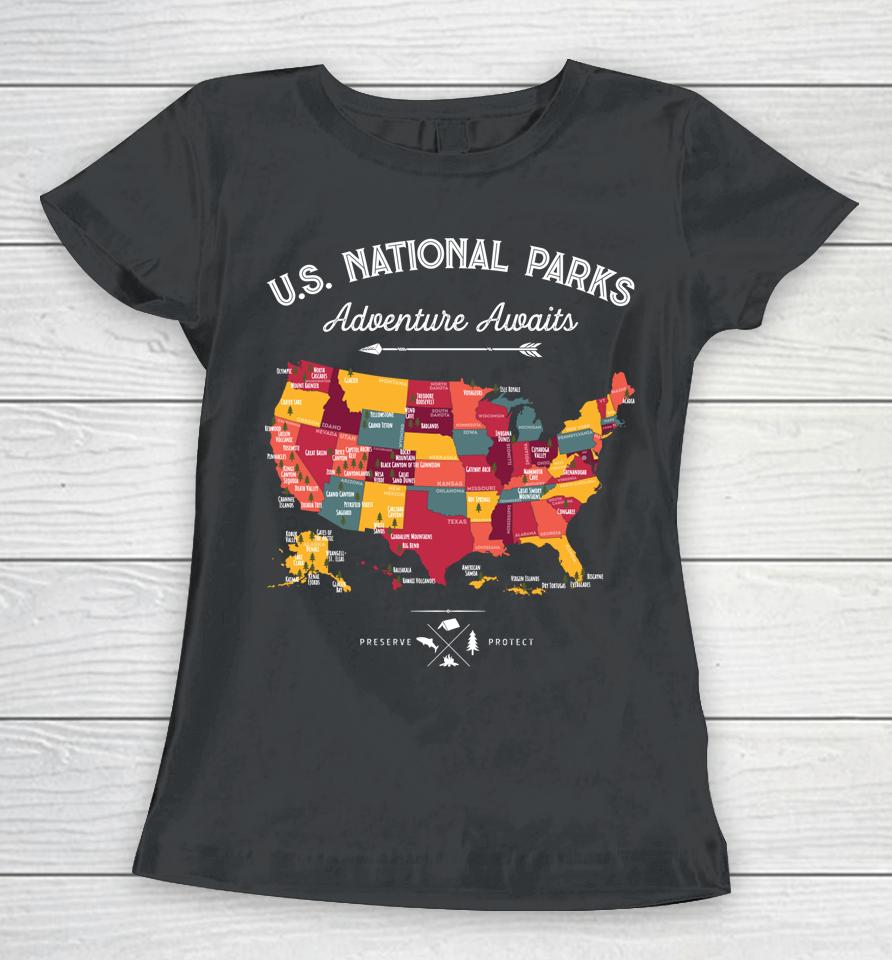 62 National Parks Map Gifts Us Park Vintage Camping Hiking Women T-Shirt