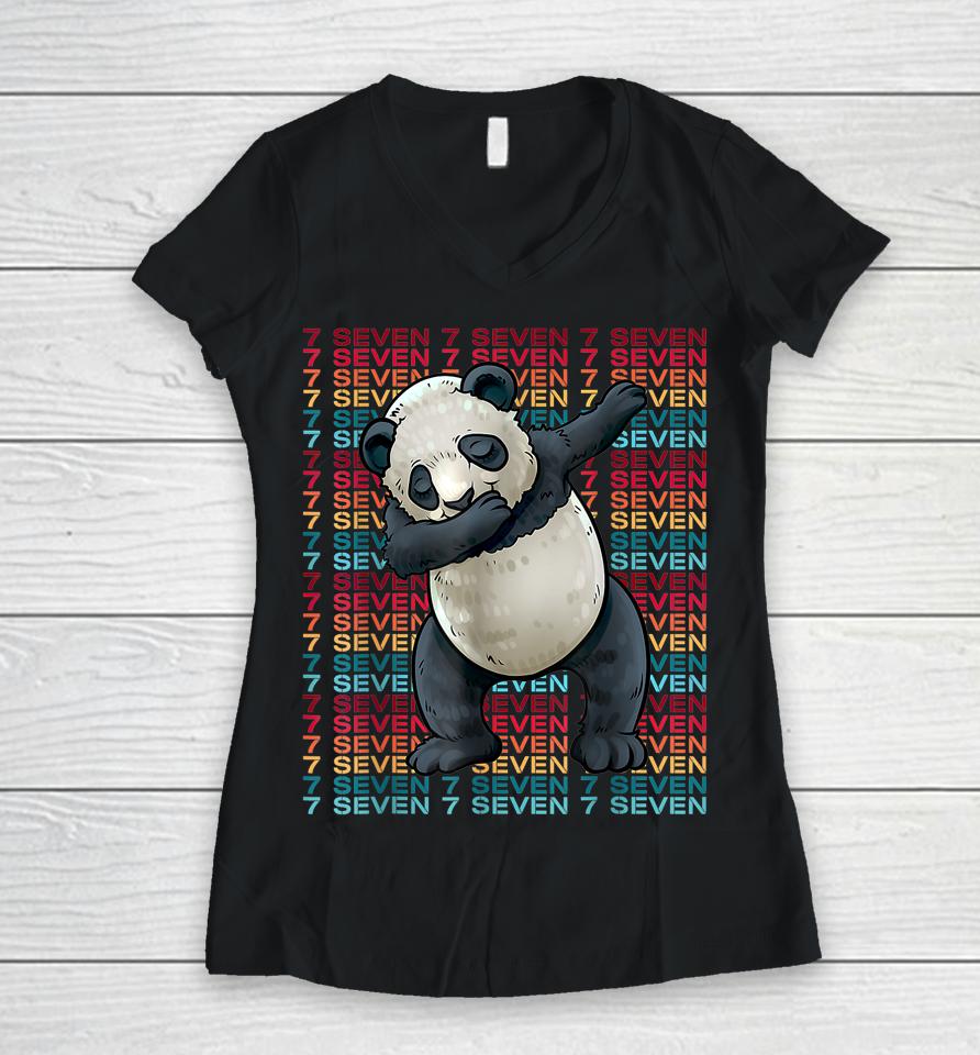 7 Years Old Panda Dabbing 7Th Birthday Panda Party Women V-Neck T-Shirt