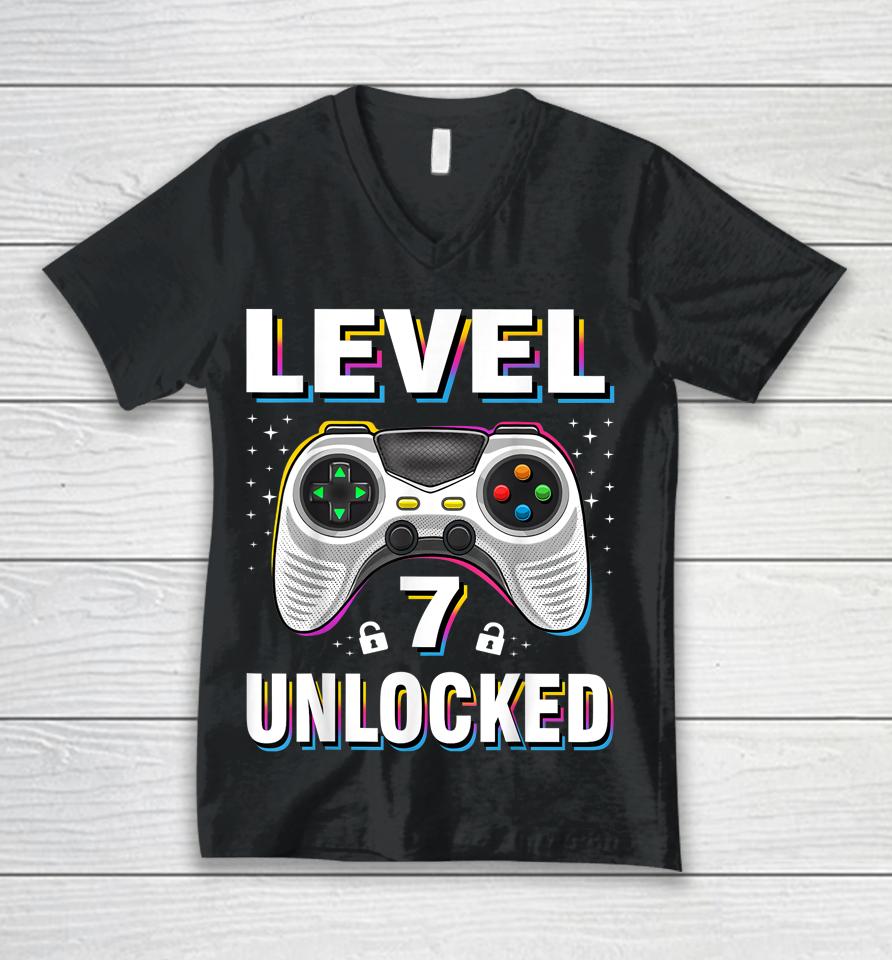 7Th Birthday Boy Level 7 Unlocked Video Gamer 7 Years Old Unisex V-Neck T-Shirt