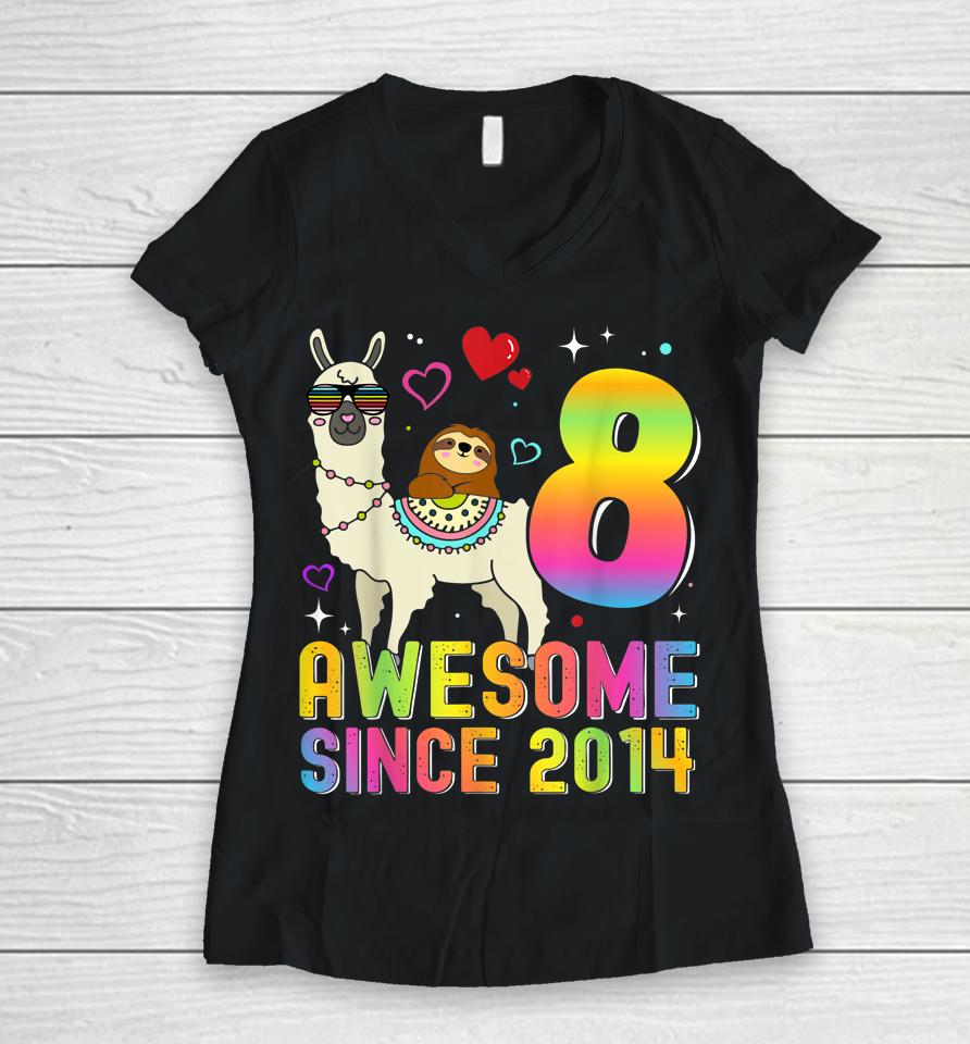 8 Year Old Awesome Since 2014 8Th Birthday Gifts Women V-Neck T-Shirt