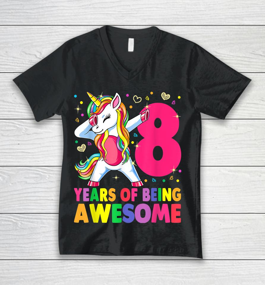 8 Years Old Unicorn Dabbing 8Th Birthday Girl Unicorn Party Unisex V-Neck T-Shirt