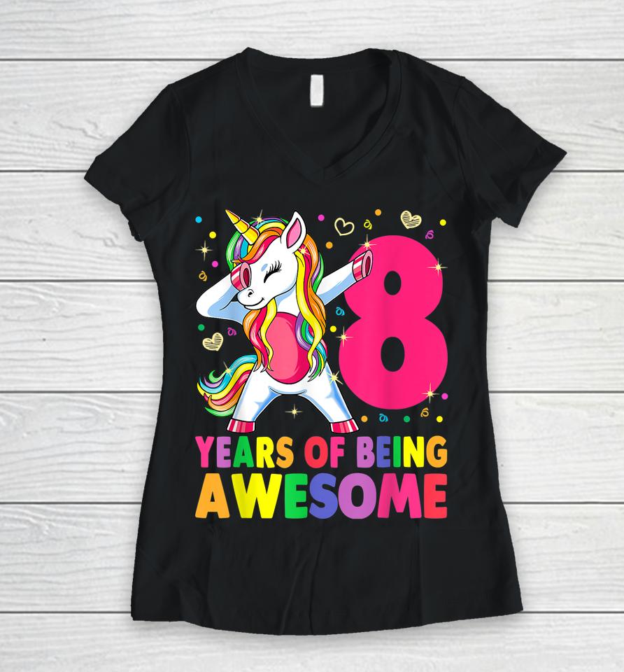 8 Years Old Unicorn Dabbing 8Th Birthday Girl Unicorn Party Women V-Neck T-Shirt