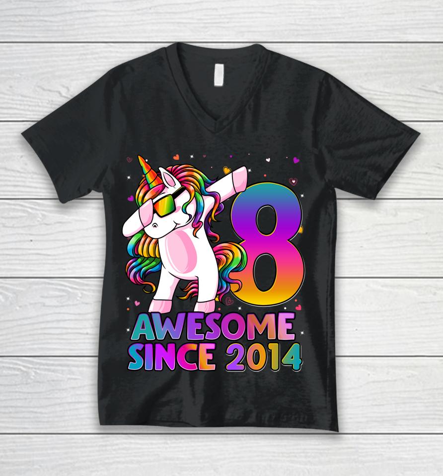 8 Years Old Unicorn Dabbing 8Th Birthday Girl Unicorn Unisex V-Neck T-Shirt