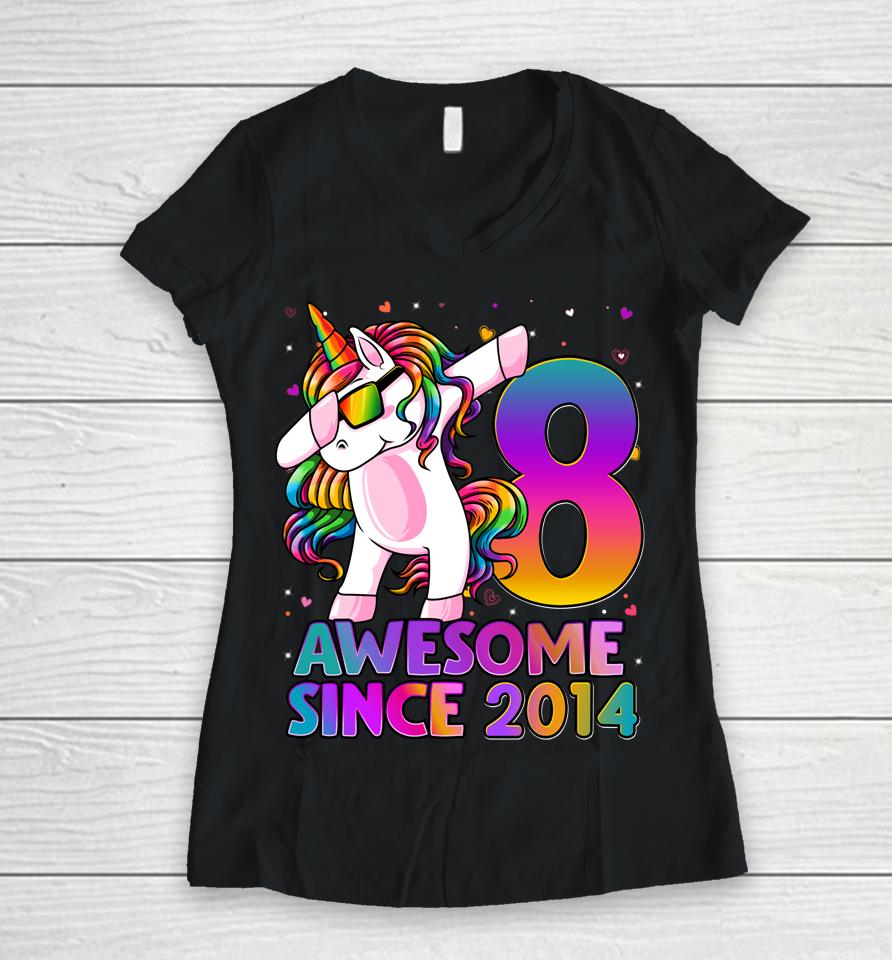 8 Years Old Unicorn Dabbing 8Th Birthday Girl Unicorn Women V-Neck T-Shirt