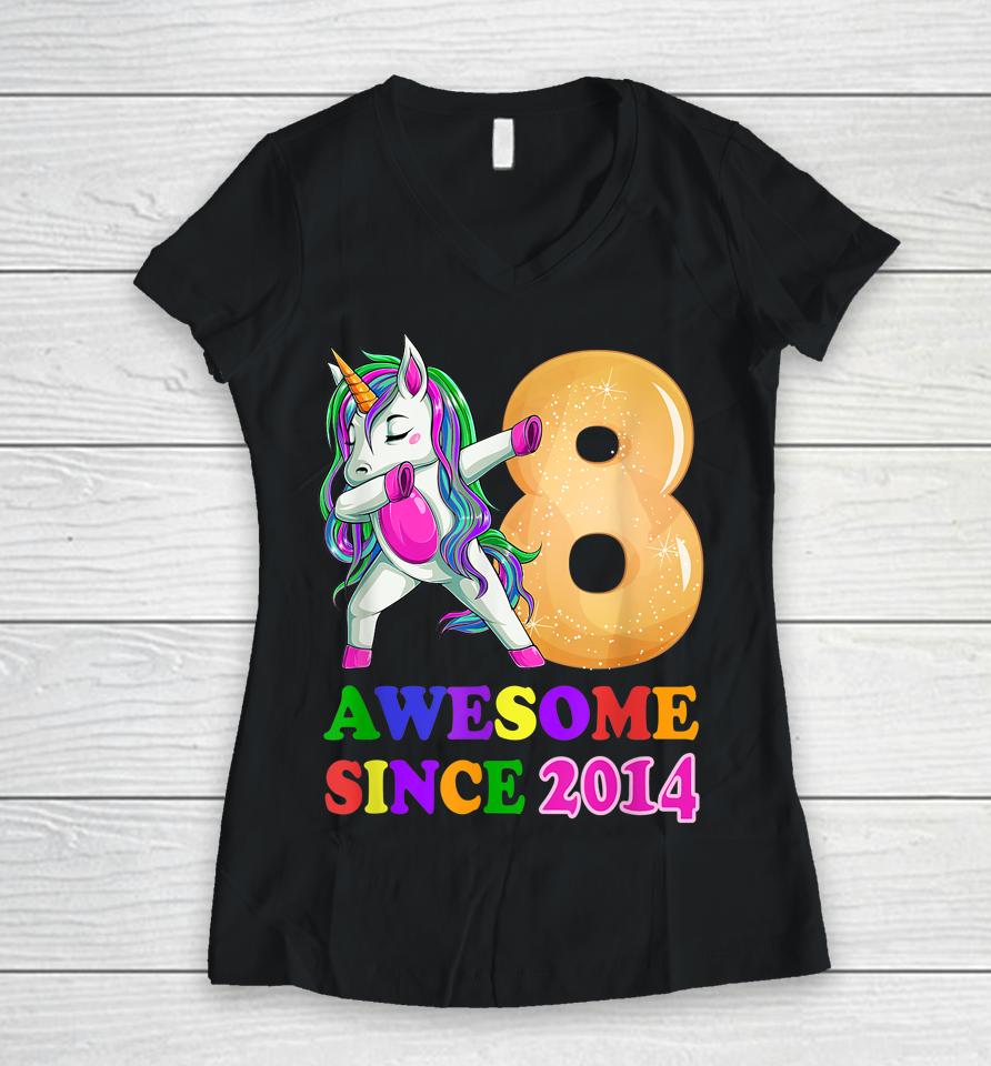 8 Years Old Unicorn Dabbing 8Th Birthday Girl Unicorn Women V-Neck T-Shirt