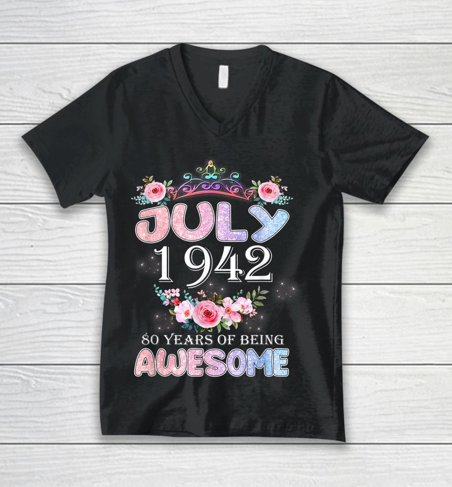 80 Year Old Gifts July 1942 Birthday 80 Heart Flowers Women Unisex V-Neck T-Shirt