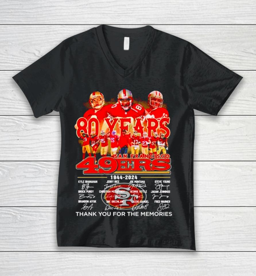 80 Years 1944 2024 San Francisco 49Ers Thank You For The Memories Signatures Unisex V-Neck T-Shirt