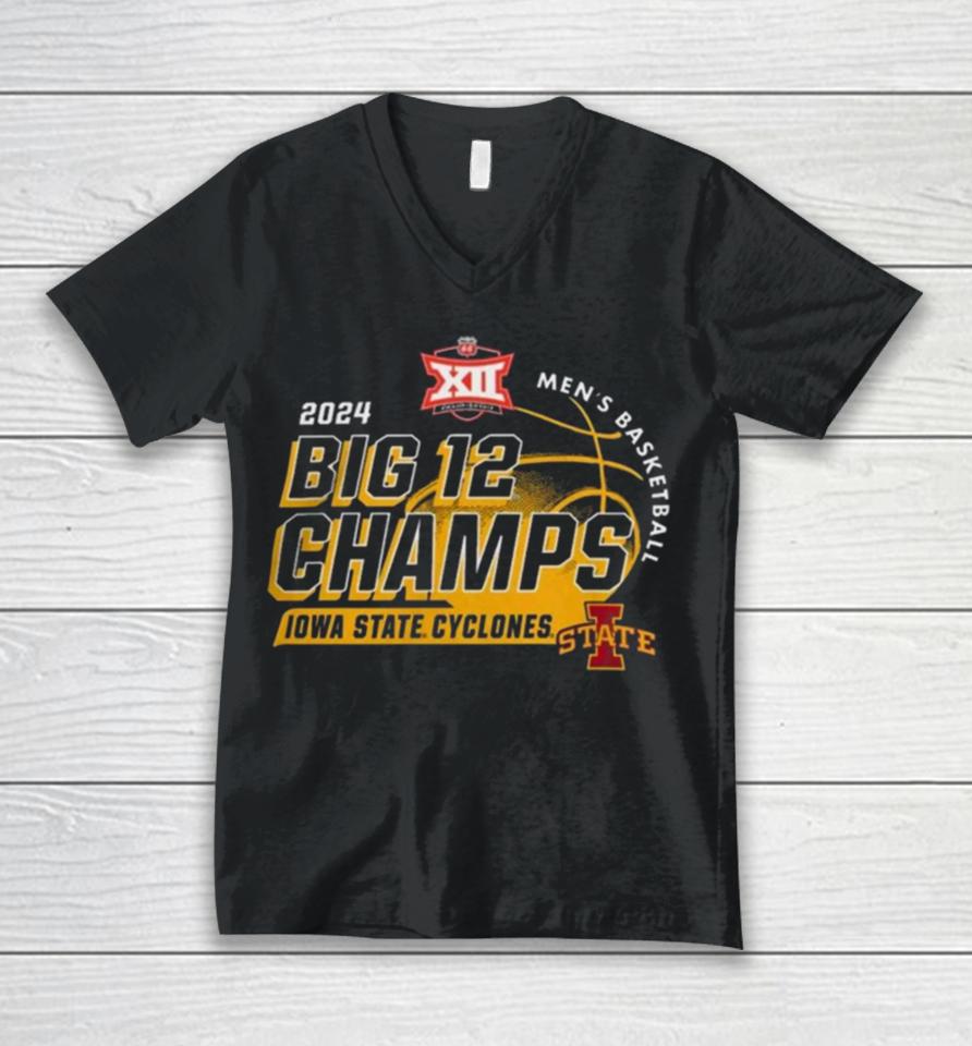84 Cardinal Iowa State Cyclones 2024 Big 12 Men’s Basketball Conference Tournament Champions Locker Room Unisex V-Neck T-Shirt