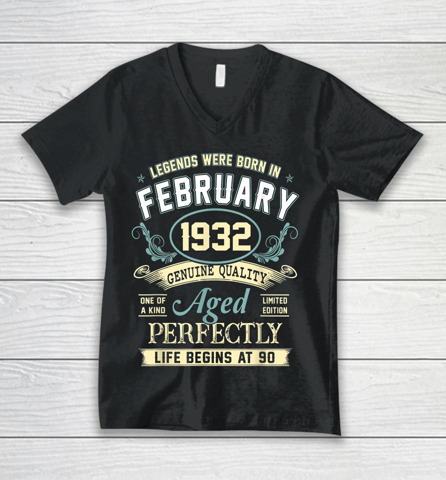 90Th Birthday Decoration Legends Were Born In February 1932 Unisex V-Neck T-Shirt