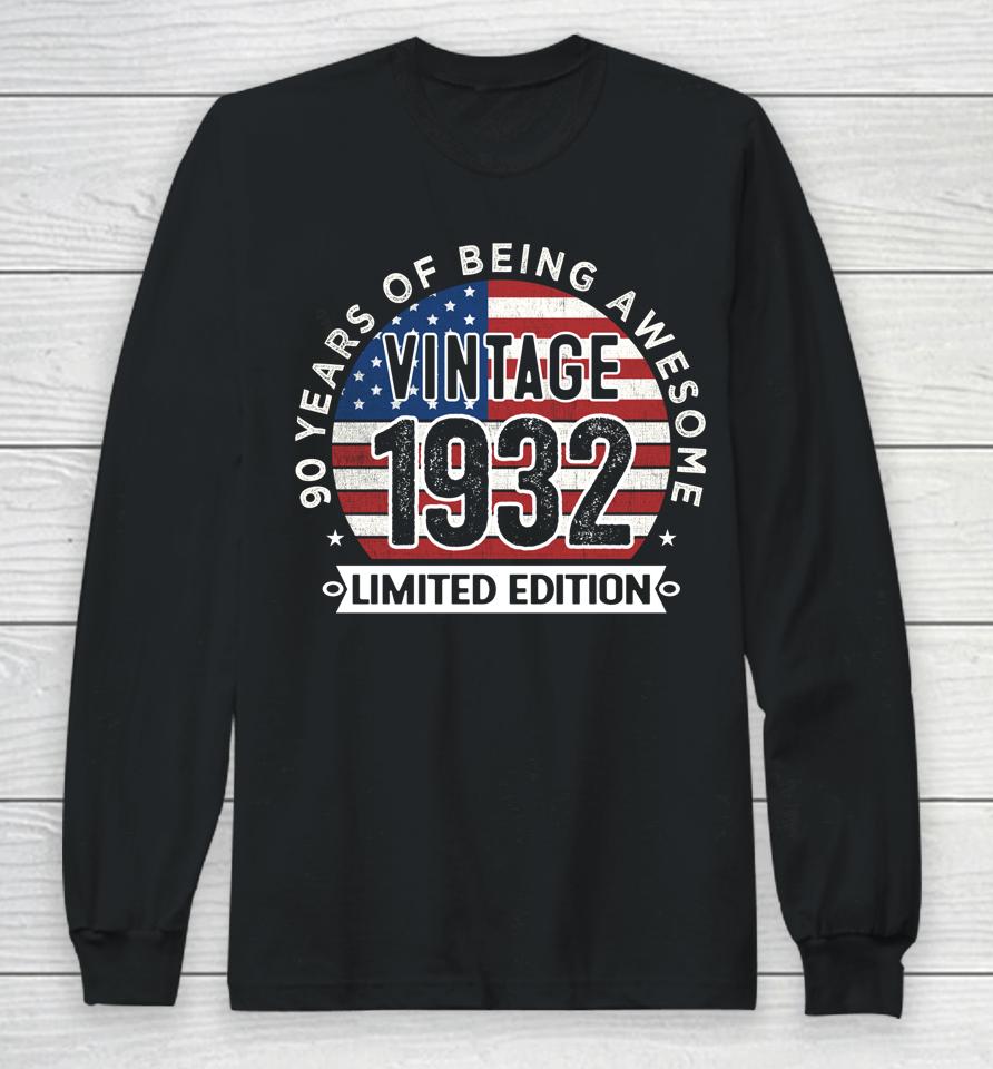 90Th Birthday Gifts Men Vintage 1932 90 Years Old Usa Flag Long Sleeve T-Shirt