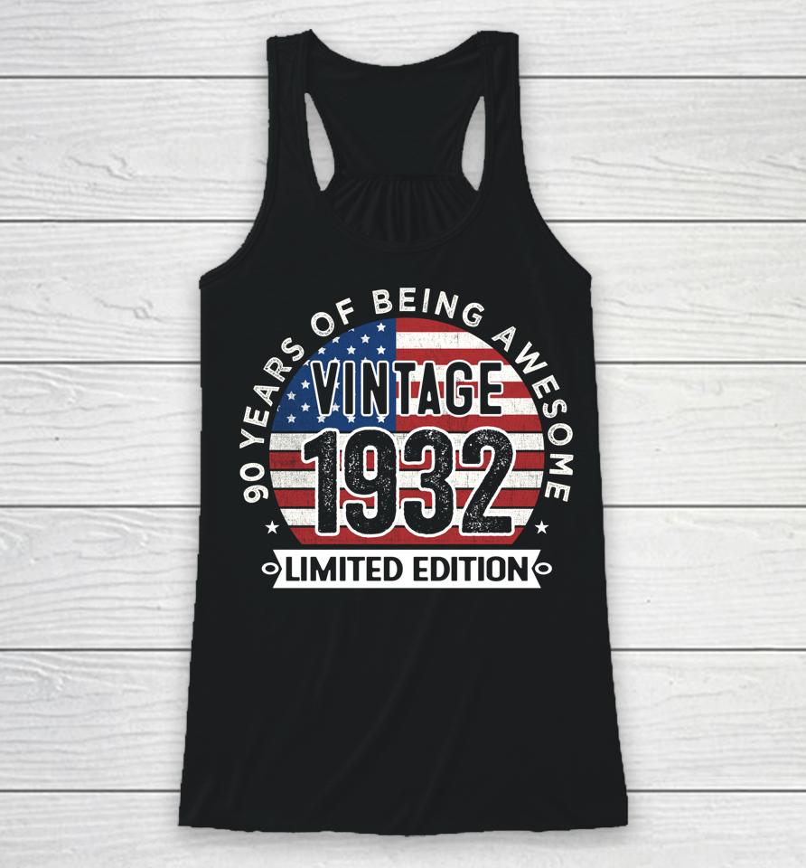 90Th Birthday Gifts Men Vintage 1932 90 Years Old Usa Flag Racerback Tank