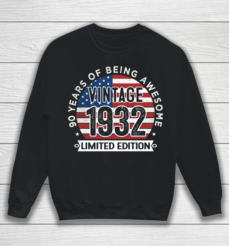 90Th Birthday Gifts Men Vintage 1932 90 Years Old Usa Flag Sweatshirt