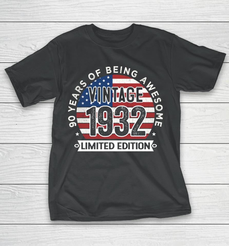 90Th Birthday Gifts Men Vintage 1932 90 Years Old Usa Flag T-Shirt