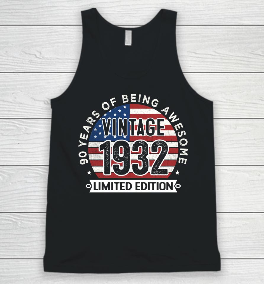 90Th Birthday Gifts Men Vintage 1932 90 Years Old Usa Flag Unisex Tank Top