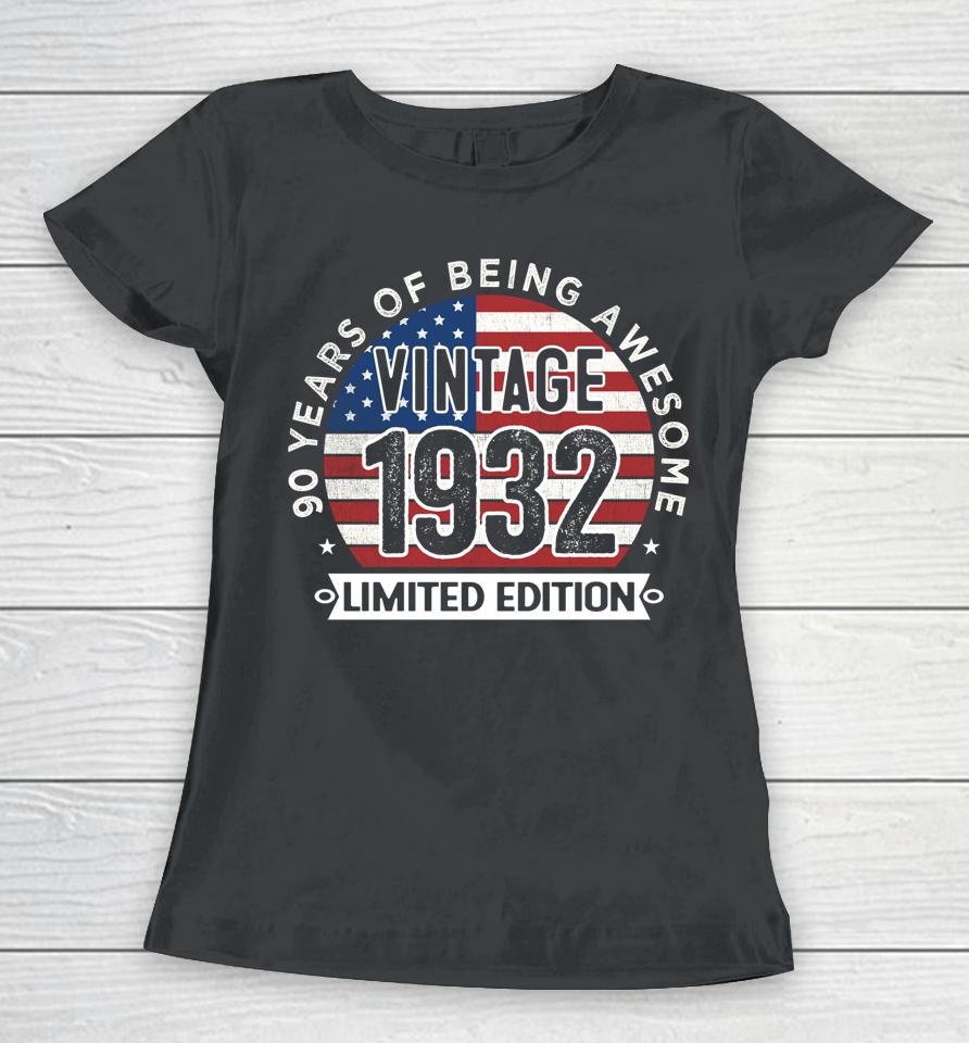 90Th Birthday Gifts Men Vintage 1932 90 Years Old Usa Flag Women T-Shirt