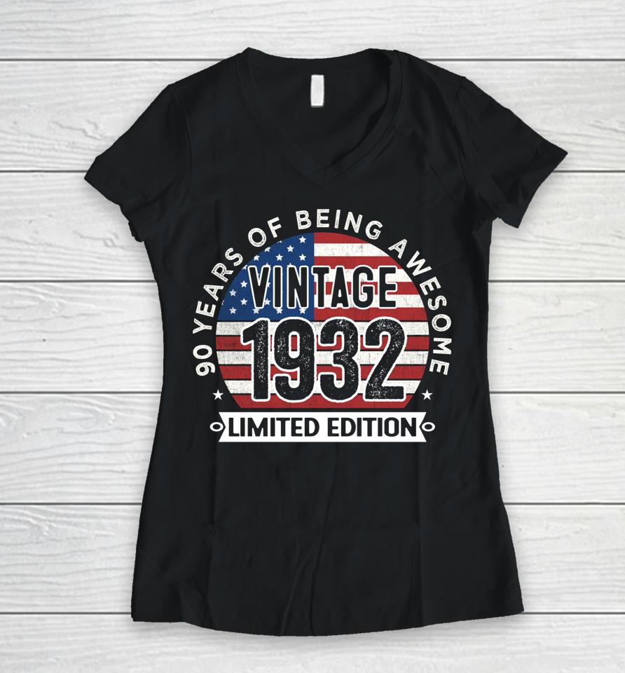 90Th Birthday Gifts Men Vintage 1932 90 Years Old Usa Flag Women V-Neck T-Shirt