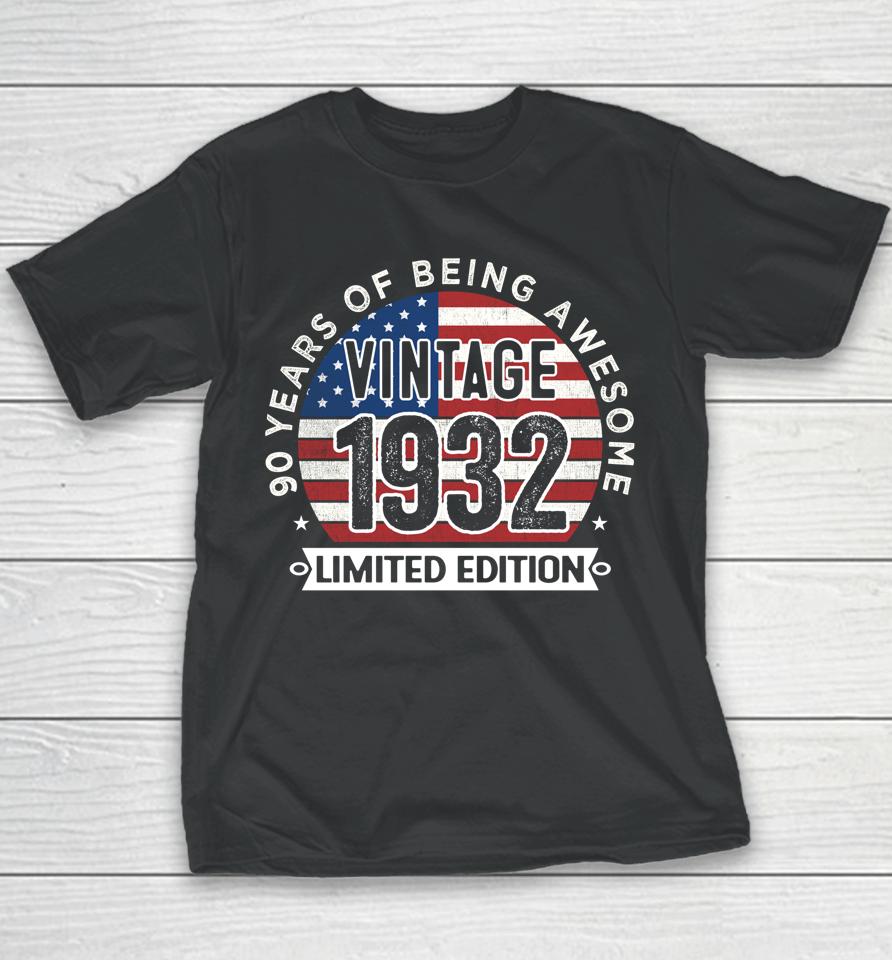 90Th Birthday Gifts Men Vintage 1932 90 Years Old Usa Flag Youth T-Shirt