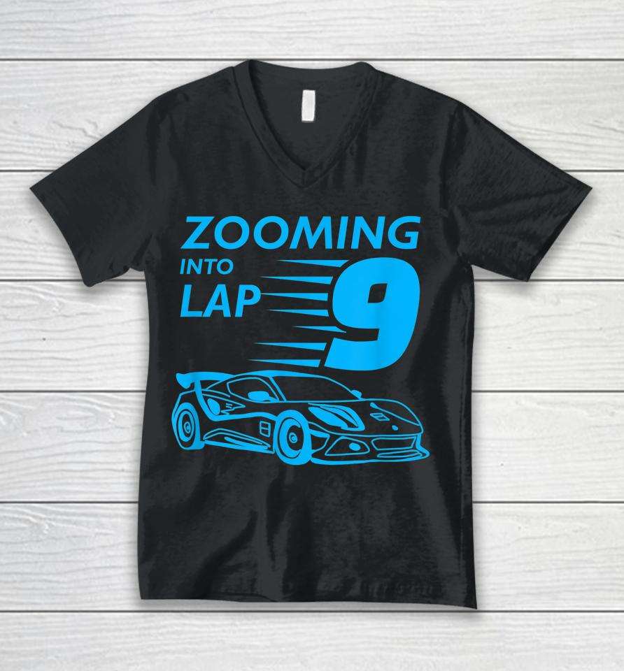 9Th Birthday Gift For 9 Year Old Race Car Zooming Unisex V-Neck T-Shirt
