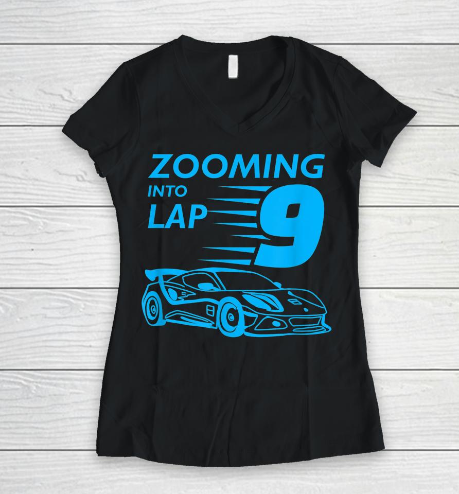 9Th Birthday Gift For 9 Year Old Race Car Zooming Women V-Neck T-Shirt
