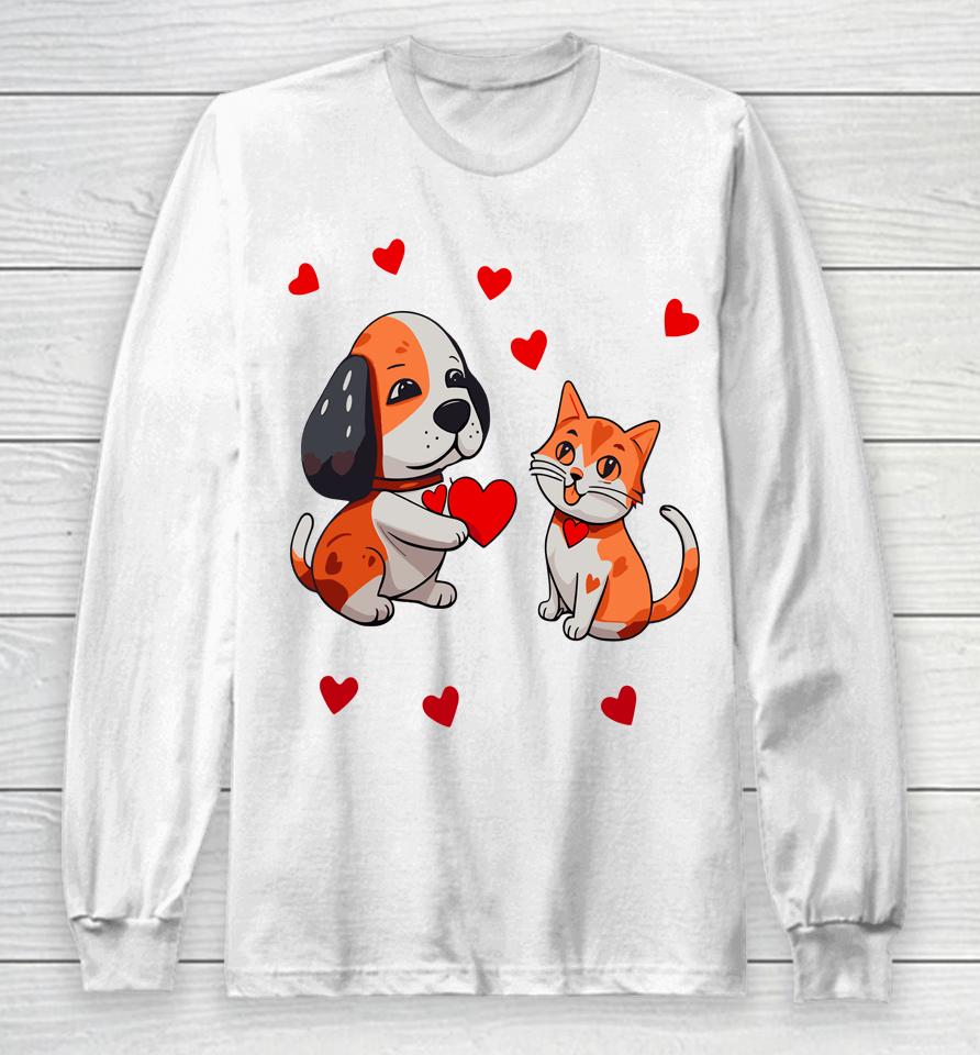A Dog That Offers A Red Heart For Me A Cat On A Valentine Long Sleeve T-Shirt