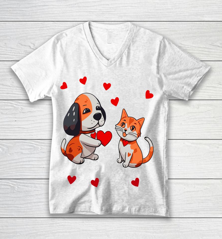 A Dog That Offers A Red Heart For Me A Cat On A Valentine Unisex V-Neck T-Shirt