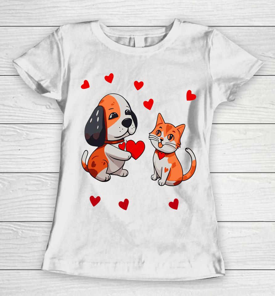 A Dog That Offers A Red Heart For Me A Cat On A Valentine Women T-Shirt