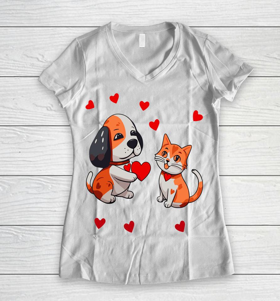 A Dog That Offers A Red Heart For Me A Cat On A Valentine Women V-Neck T-Shirt