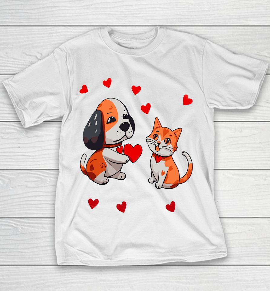 A Dog That Offers A Red Heart For Me A Cat On A Valentine Youth T-Shirt
