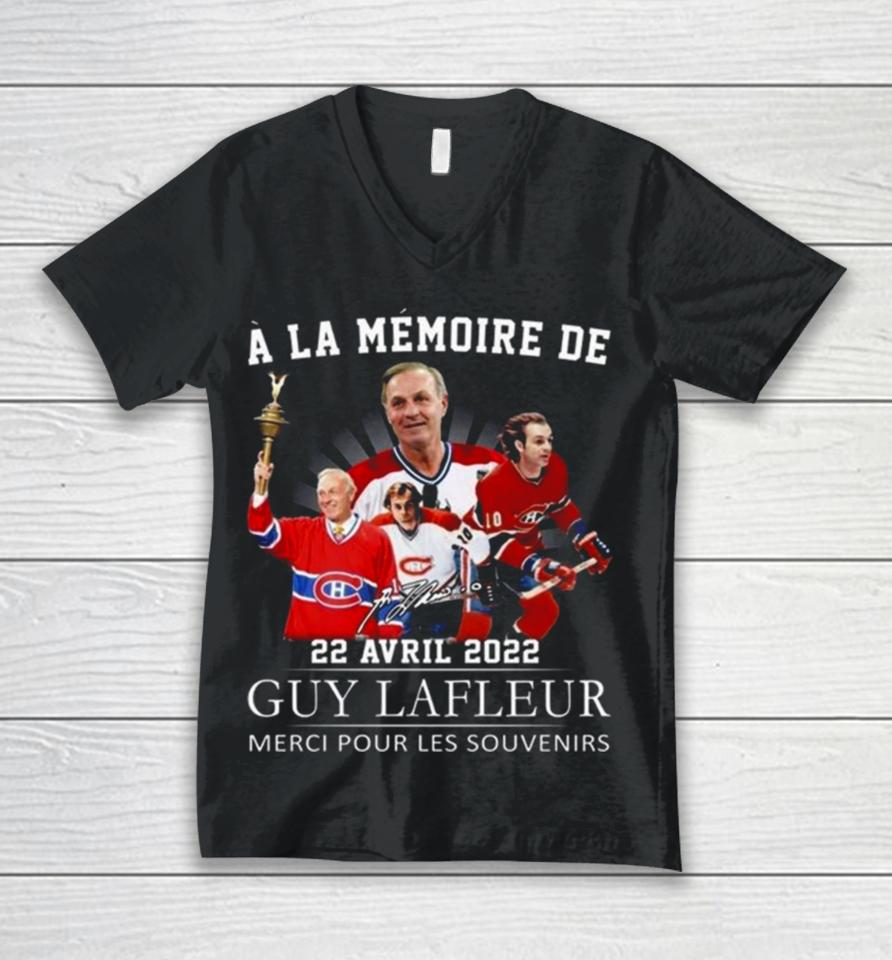 A La Memoire De 22 Avril 2022 Guy Lafleur Merci Pour Les Souvenirs Signature Unisex V-Neck T-Shirt