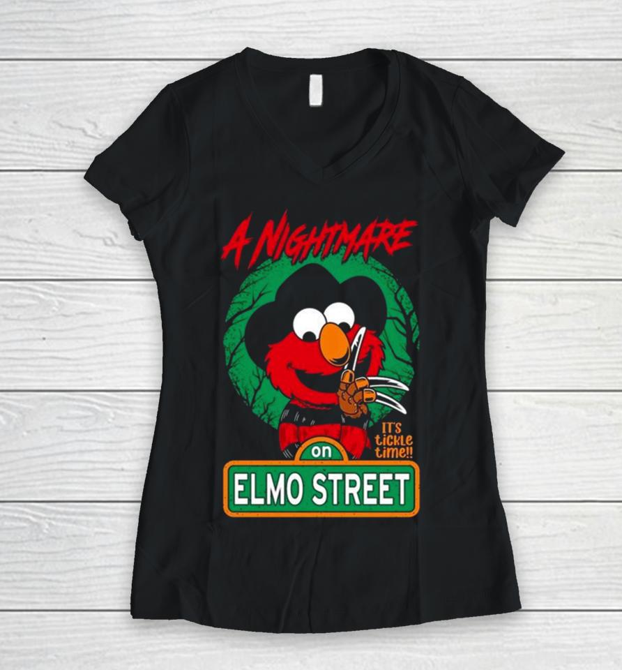 A Nightmare On Elmo Street It’s Tickle Time Halloween 2023 Women V-Neck T-Shirt