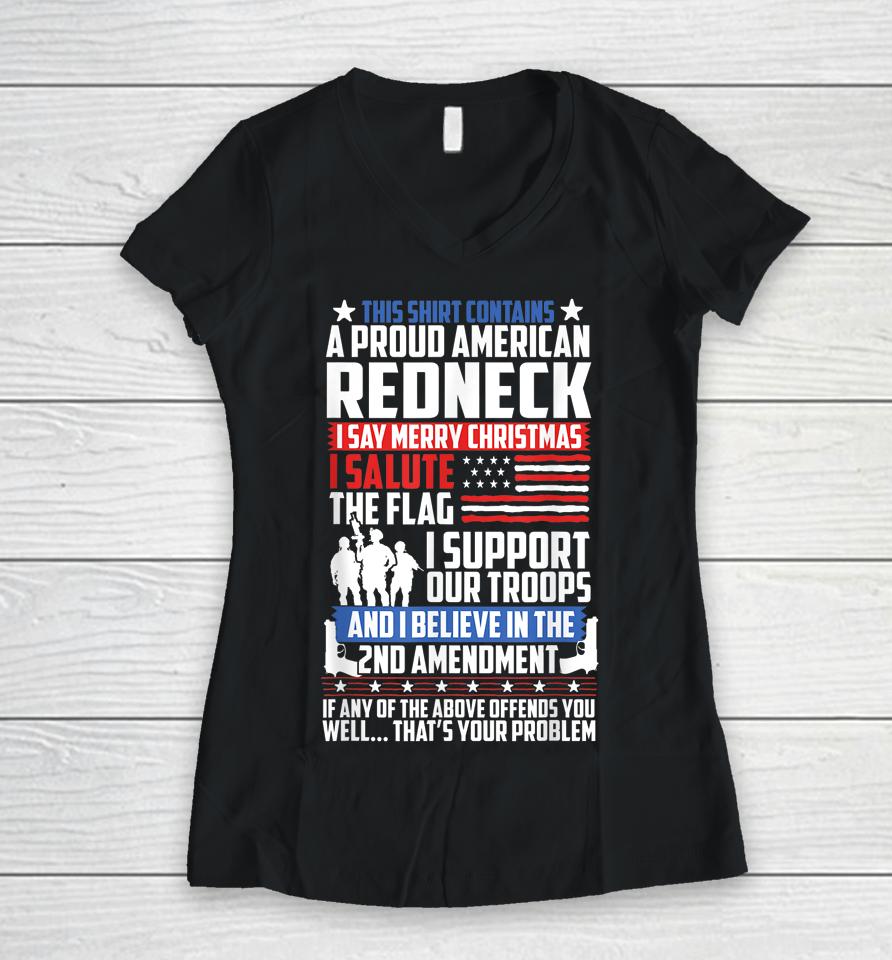 A Proud American Redneck Support Guns Troops Flag Women V-Neck T-Shirt