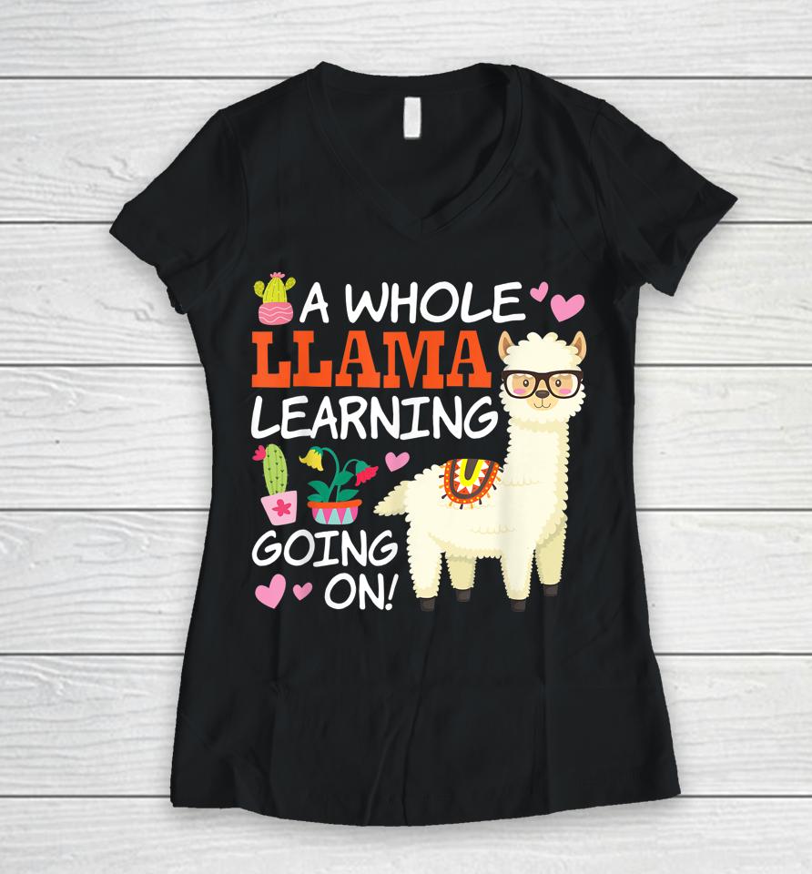 A Whole Llama Learning Going On Teachers Students Alpaca Lovers Gift Women V-Neck T-Shirt
