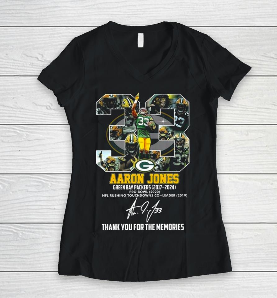 Aaron Jones Green Bay Packers 2017 2024 Thank You For The Memories Signature Women V-Neck T-Shirt