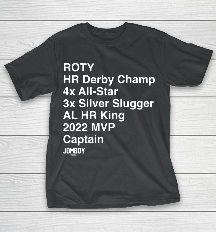 Aaron Judge Roty Hr Derby Champ 4X All Star 3X Silver Slugger Al Hr King 2022 Mvp Captain T-Shirt