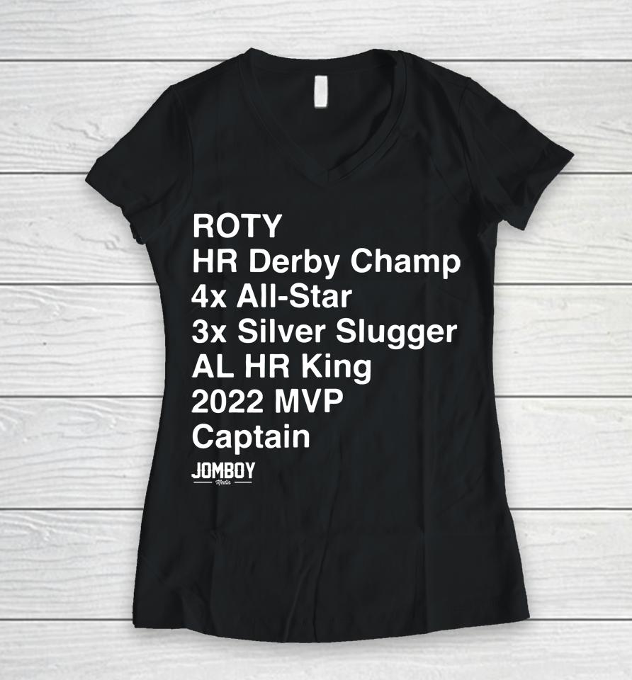 Aaron Judge Roty Hr Derby Champ 4X All Star 3X Silver Slugger Al Hr King 2022 Mvp Captain Women V-Neck T-Shirt