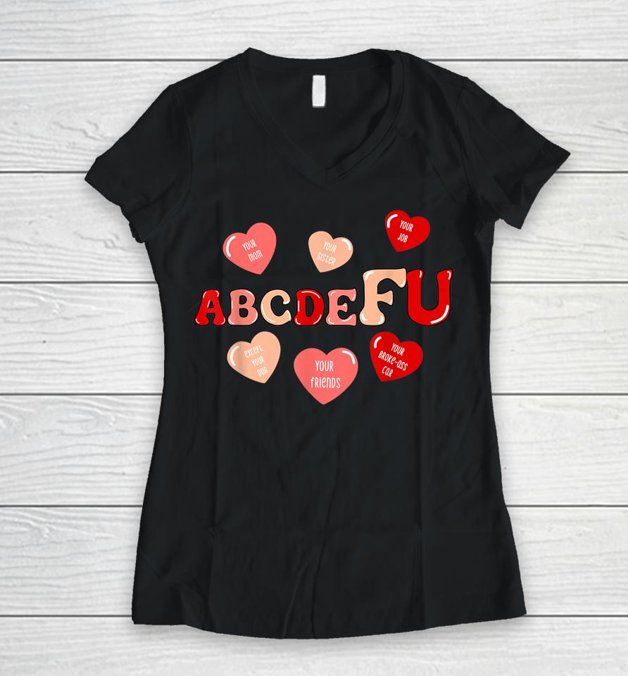 Abcdefu Retro Funny Heart Valentine's Day Women V-Neck T-Shirt