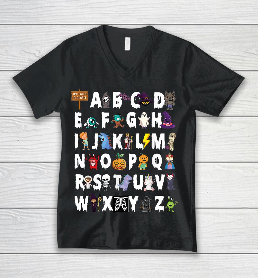 Abcs Learning Kindergarten Teacher Funny Halloween Alphabet Unisex V-Neck T-Shirt