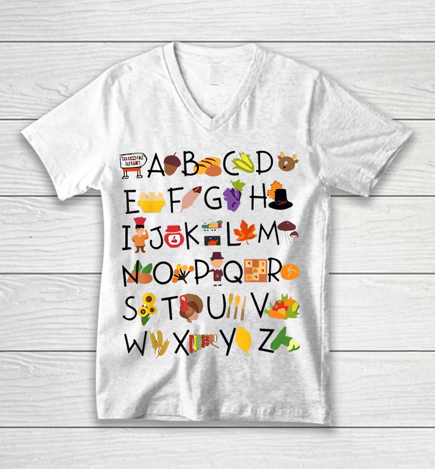 Abcs Learning Kindergarten Teacher Thanksgiving Alphabet Unisex V-Neck T-Shirt