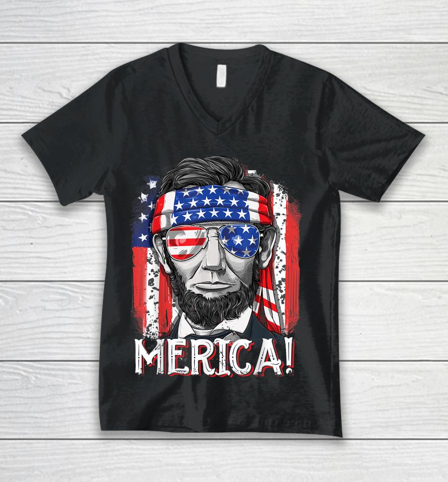 Abraham Lincoln 4Th Of July Merica American Flag Unisex V-Neck T-Shirt