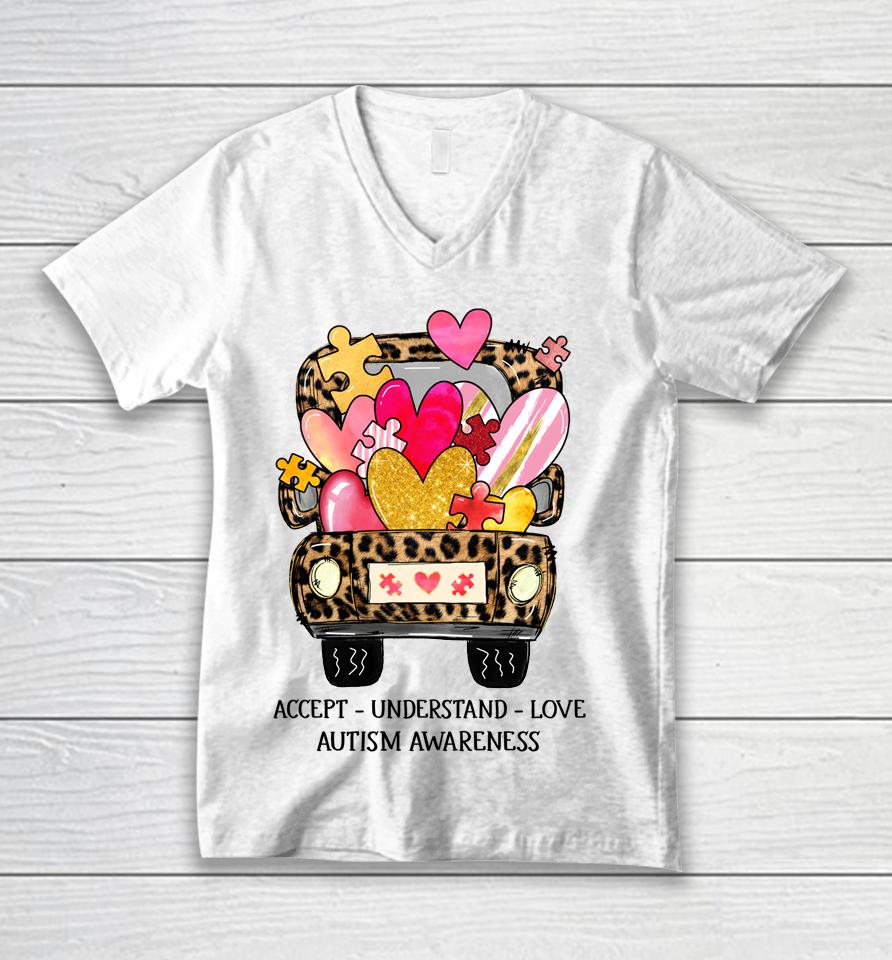 Accept Understand Love Autism Awareness Support Valentine Unisex V-Neck T-Shirt