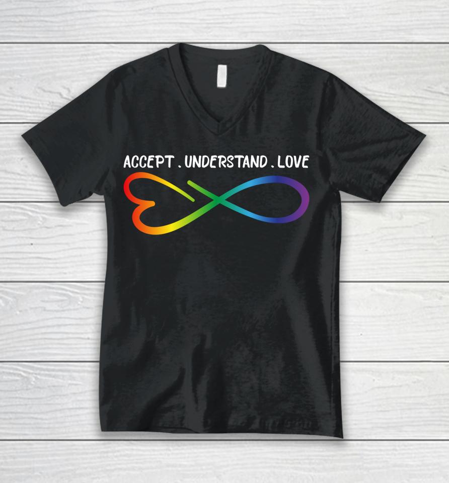 Accept Understand Love Neurodiversity Infinity Autism Unisex V-Neck T-Shirt