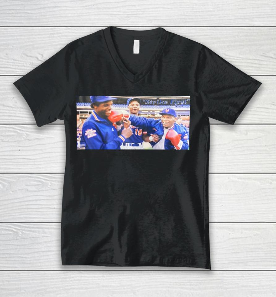 Adrian House Wearing Strike First Dwight Gooden Darryl Strawberry And Mike Tyson Tee Unisex V-Neck T-Shirt