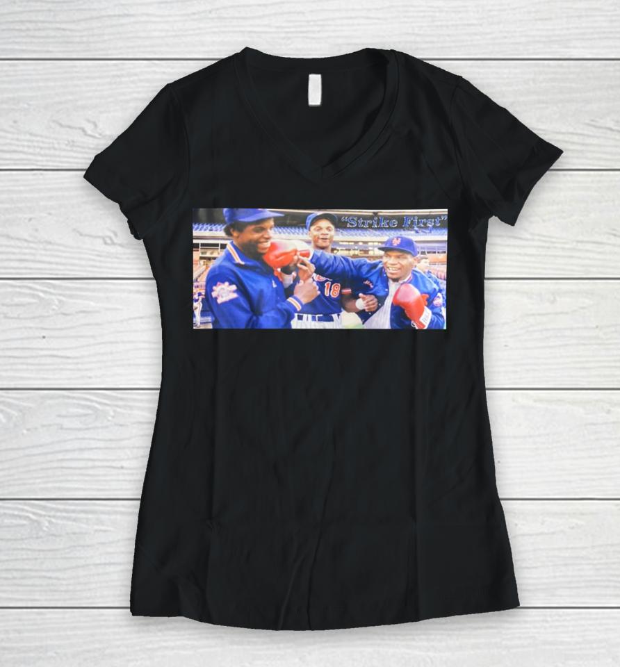 Adrian House Wearing Strike First Dwight Gooden Darryl Strawberry And Mike Tyson Tee Women V-Neck T-Shirt