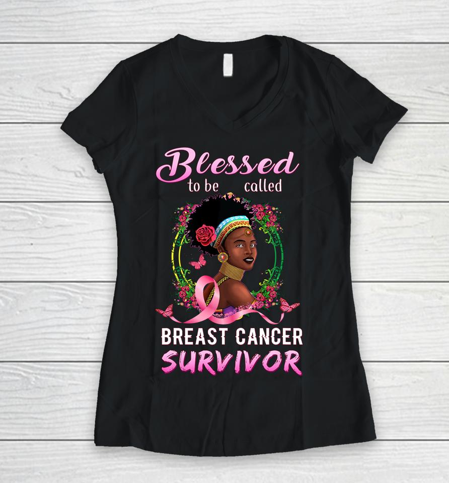 African American Breast Cancer Women Blessed Survivor Women V-Neck T-Shirt