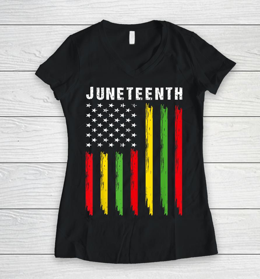 African American Flag Juneteenth Women V-Neck T-Shirt