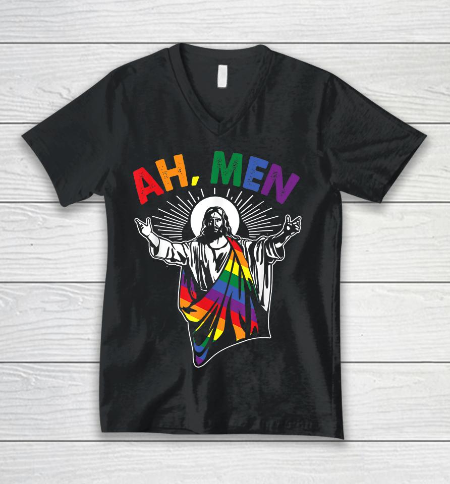 Ah Men Funny Lgbt Gay Pride Jesus Rainbow Flag Christian Unisex V-Neck T-Shirt