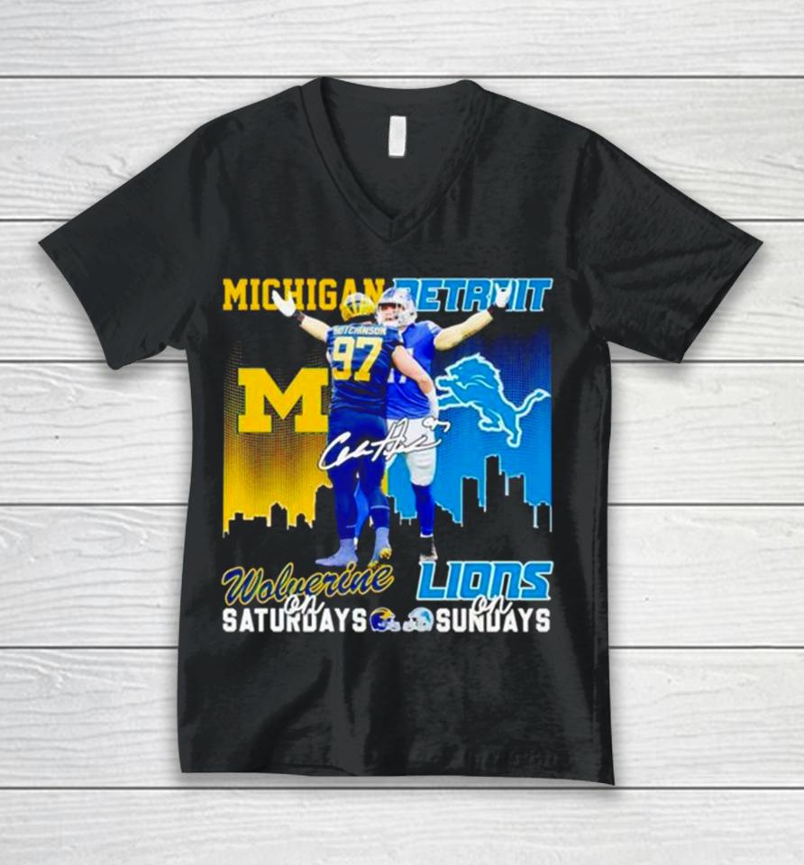 Aidan Hutchinson Michigan Wolverines On Saturdays Detroit Lions On Sundays Unisex V-Neck T-Shirt