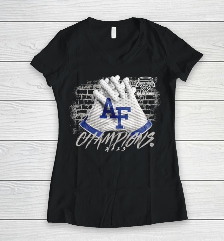 Air Force Falcons 2023 Lockheed Martin Armed Forces Bowl Champions Gloves Women V-Neck T-Shirt