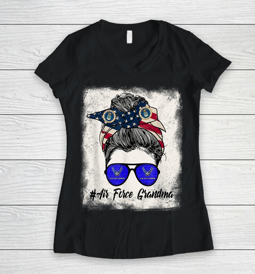 Air Force Grandma Messy Bun Sunglasses Military 4Th Of July Women V-Neck T-Shirt